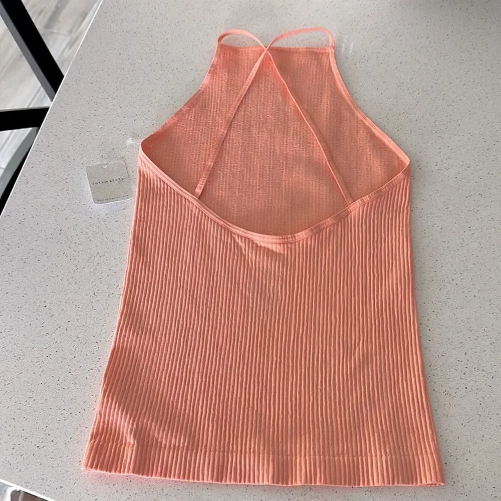 Free People Mmkay Seamless Tank Mango Ribbed High Neck Crisscross M/L *